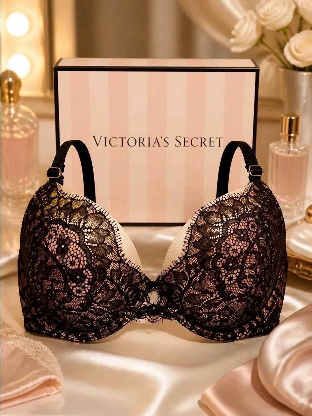 VS VERY SEXY BLACK LACE OVER TAUPE SATIN P-U 32D